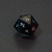 Unlit Onyx Black D20. Onyx Black colorway is a fully opaque black resin with no glitter. The numbers or symbols are painted pale white.